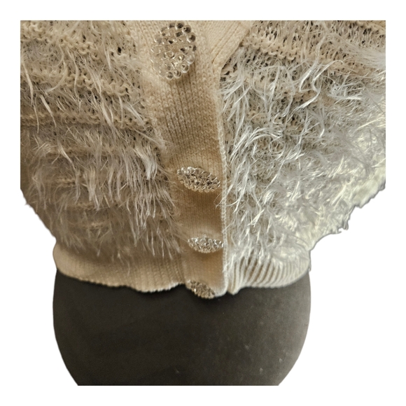 American Rag Fuzzy White Cropped Cardigan with Crystal Buttons Size Small - Picture 3 of 7